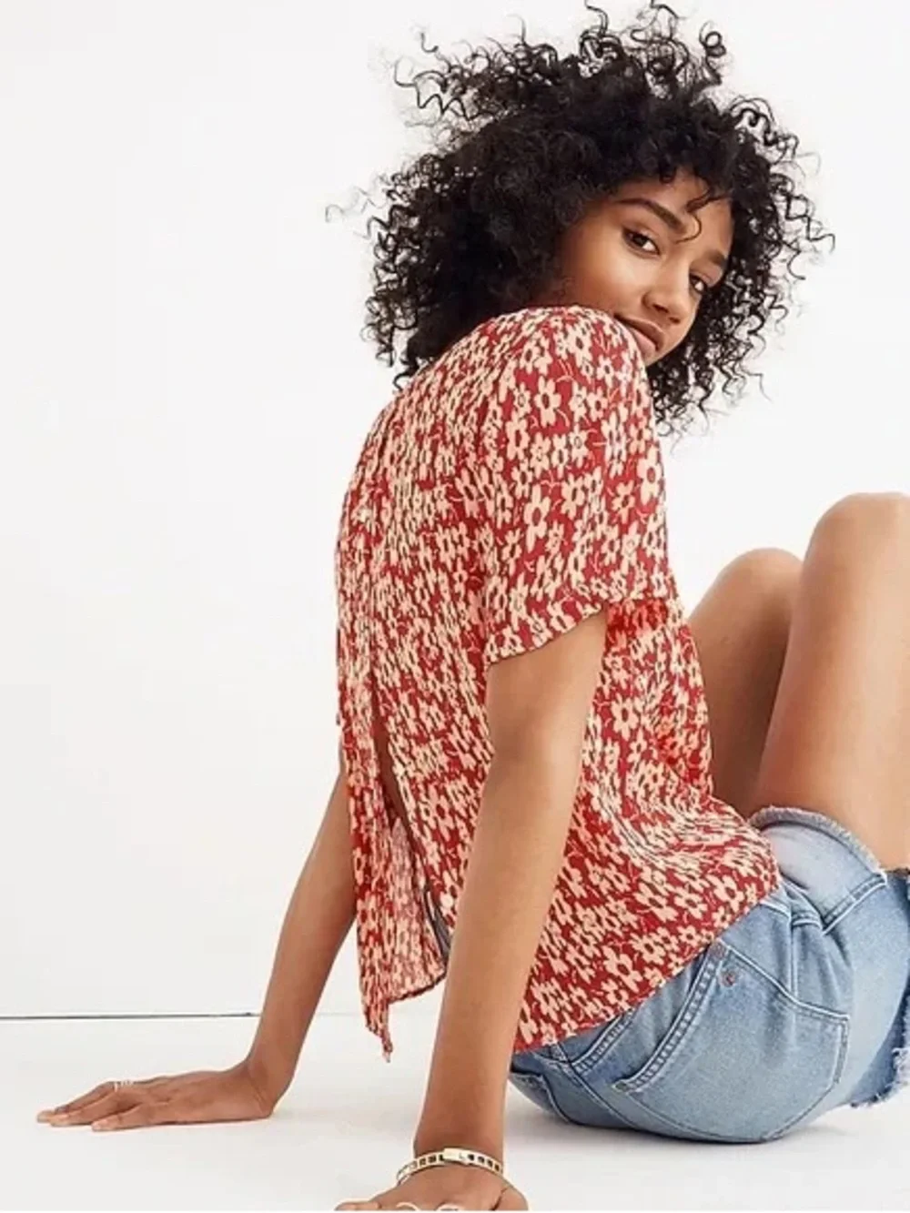 Madewell Crinkled Button-Back Tie Tee in Full‎ Bloom Floral Print Women’s XS